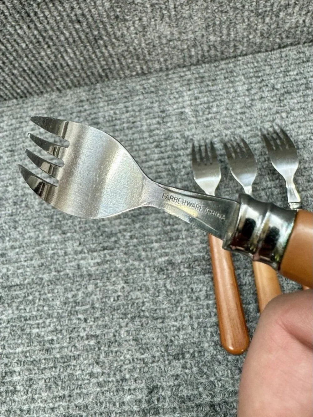Faberware Silverware Lot Of 4 Table Forks Faux Wood Brown Handle Set Vintage